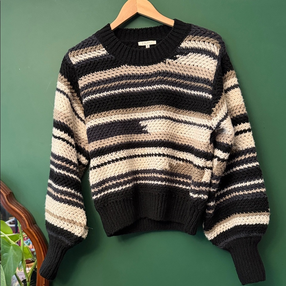Z Supply Ashville Womens M Striped Sweater Black, Taupe, White Chunky Knit